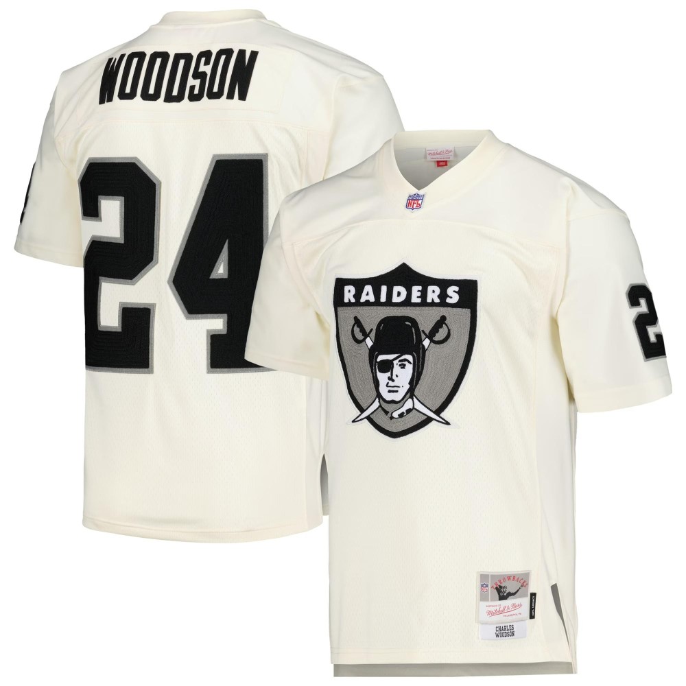 Men's Las Vegas Raiders Charles Woodson Number 24 Mitchell & Ness Cream Chainstitch Legacy Jersey