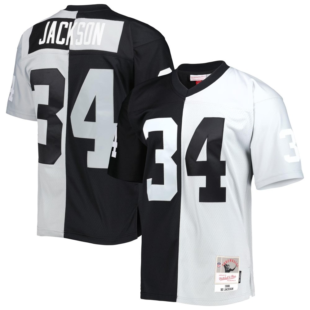 Men's Las Vegas Raiders Bo Jackson Number 34 Mitchell & Ness Black/Silver 1988 Split Legacy Replica Jersey