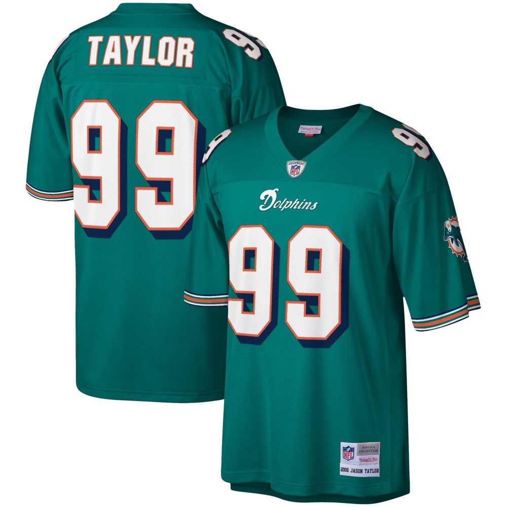 Men's Miami Dolphins Jason Taylor Number 99 Mitchell & Ness Aqua Legacy Replica Jersey