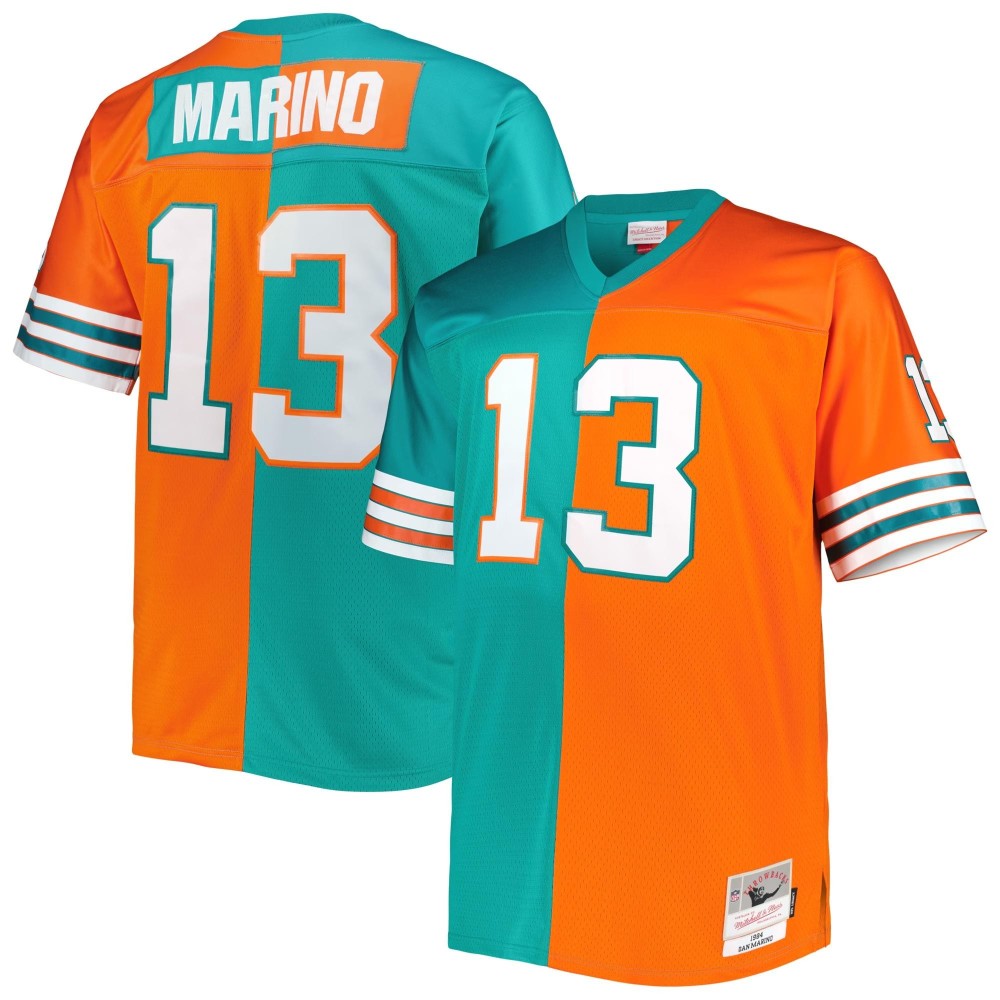 Men's Miami Dolphins Dan Marino Number 13 Mitchell & Ness Aqua/Orange Big & Tall Split Legacy Retired Player Replica Jersey