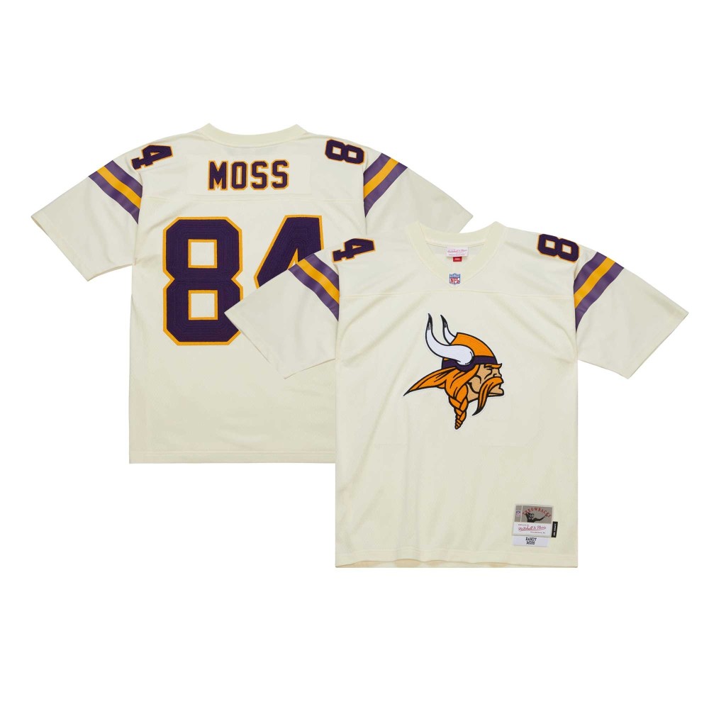 Men's Minnesota Vikings Randy Moss Number 84 Mitchell & Ness Cream Chainstitch Legacy Jersey