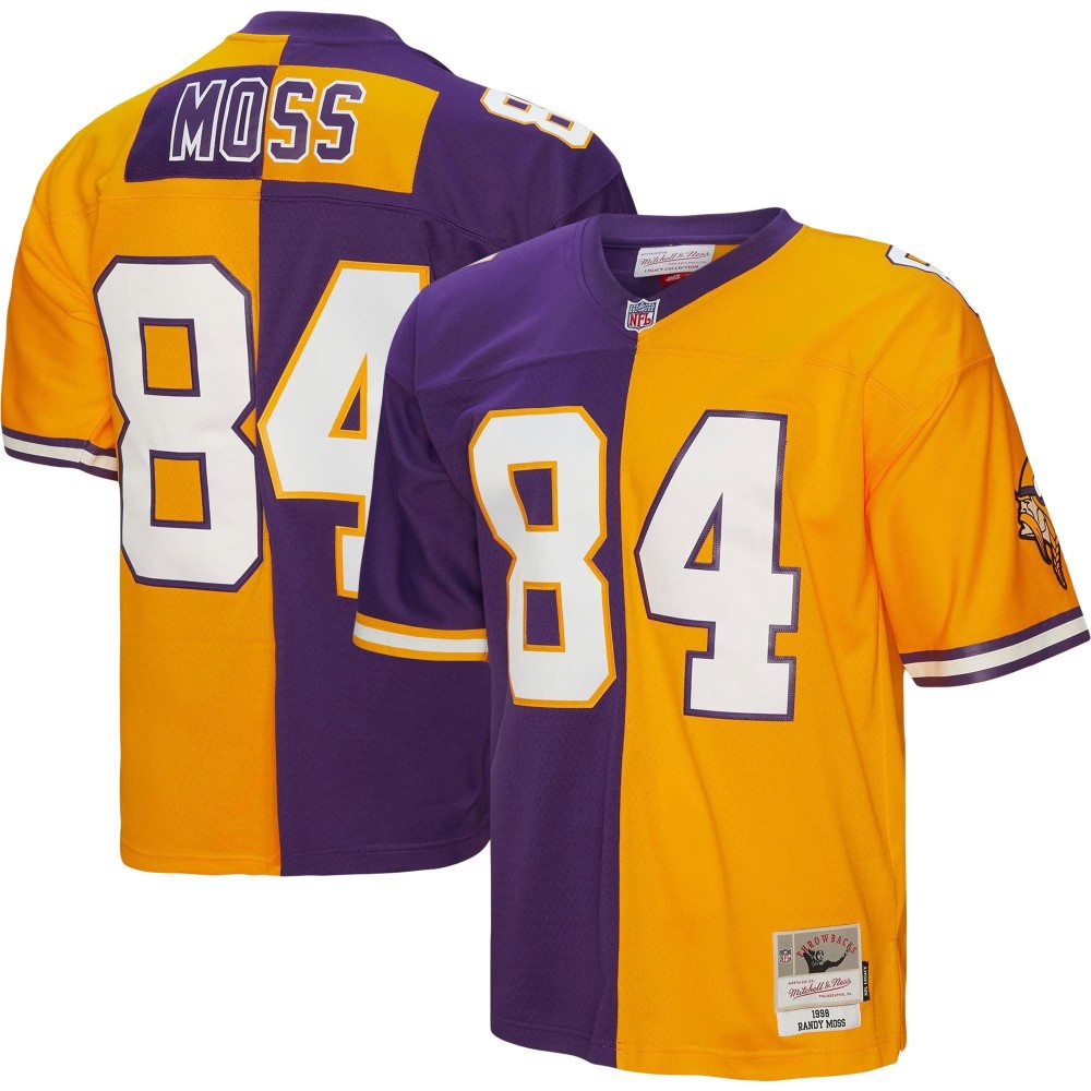 Men's Minnesota Vikings Randy Moss Number 84 Mitchell & Ness Purple/Gold 1998 Split Legacy Replica Jersey