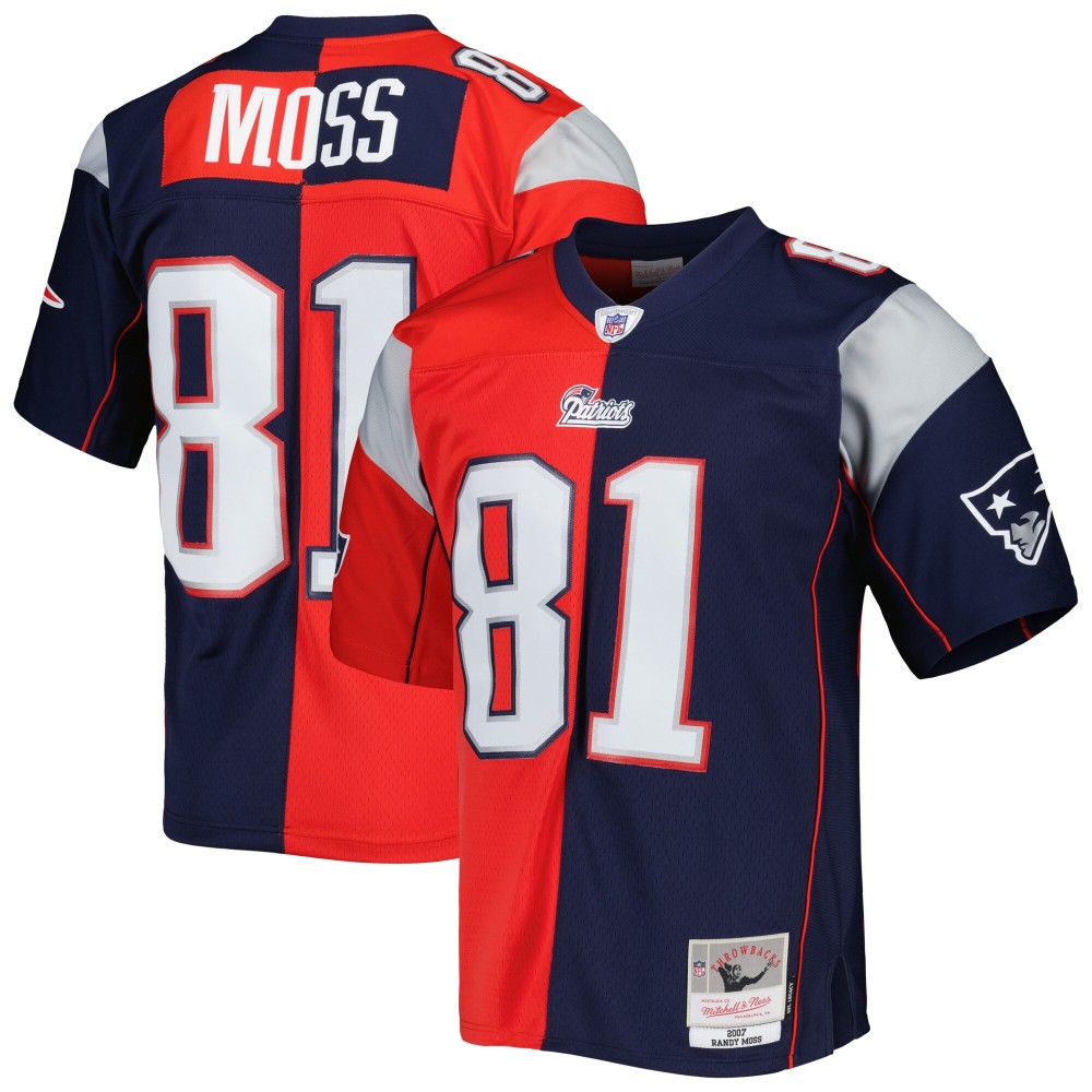 Men's New England Patriots Randy Moss Number 81 Mitchell & Ness Navy/Red 2007 Split Legacy Replica Jersey