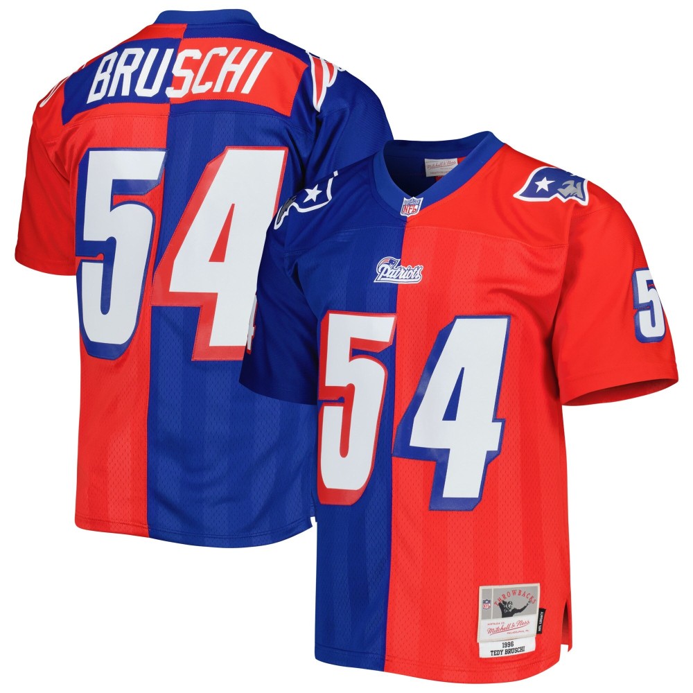 Men's New England Patriots Tedy Bruschi Number 54 Mitchell & Ness Royal/Red 1996 Split Legacy Replica Jersey