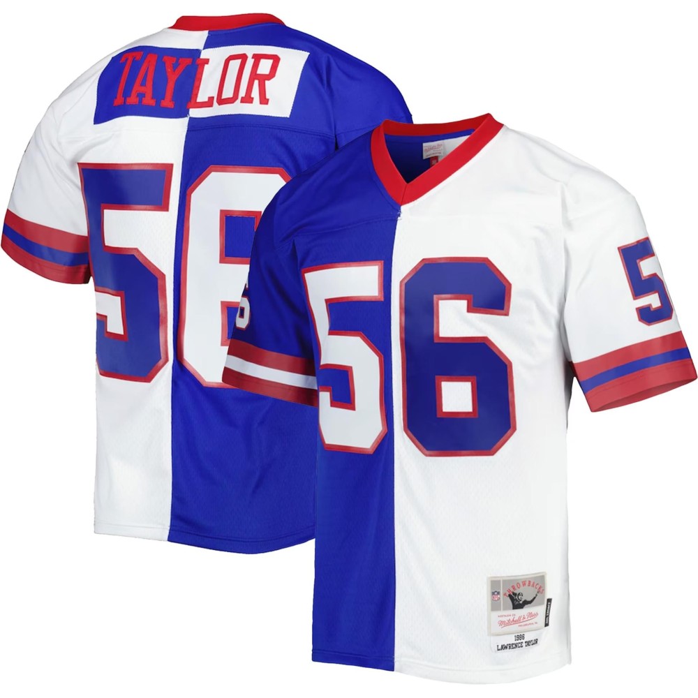 Men's New York Giants Lawrence Taylor Number 56 Mitchell & Ness Royal/White 1986 Split Legacy Replica Jersey