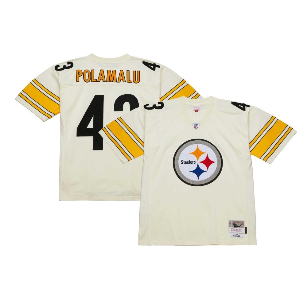 Men's Pittsburgh Steelers Troy Polamalu Number 43 Mitchell & Ness Cream Chainstitch Legacy Jersey