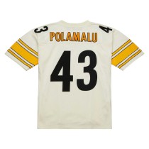 Men's Pittsburgh Steelers Troy Polamalu Number 43 Mitchell & Ness Cream Chainstitch Legacy Jersey