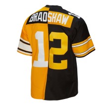 Men's Pittsburgh Steelers Terry Bradshaw Number 12 Mitchell & Ness Black/Gold 1976 Split Legacy Replica Jersey