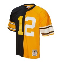 Men's Pittsburgh Steelers Terry Bradshaw Number 12 Mitchell & Ness Black/Gold 1976 Split Legacy Replica Jersey