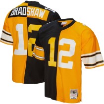 Men's Pittsburgh Steelers Terry Bradshaw Number 12 Mitchell & Ness Black/Gold 1976 Split Legacy Replica Jersey