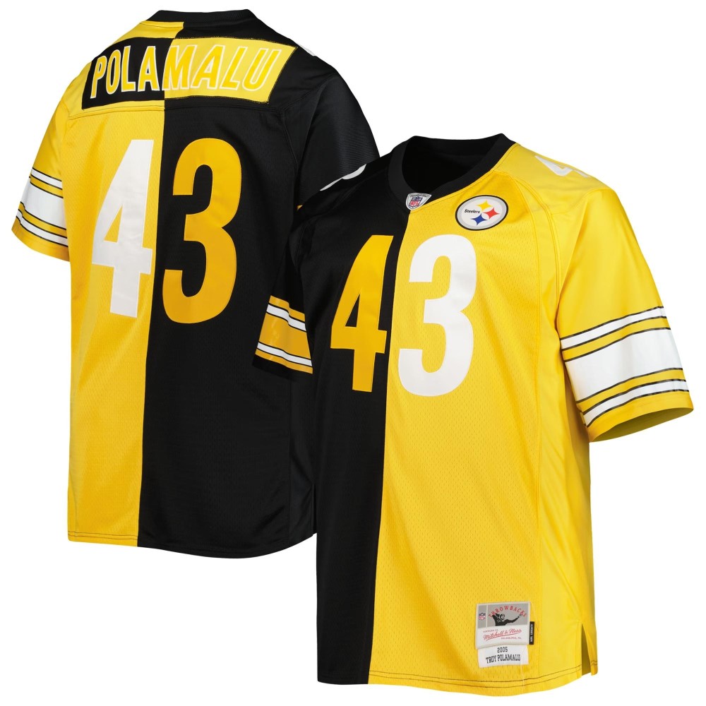 Men's Pittsburgh Steelers Troy Polamalu Number 43 Mitchell & Ness Black/Gold Big & Tall Split  Retired Player Replica Jersey