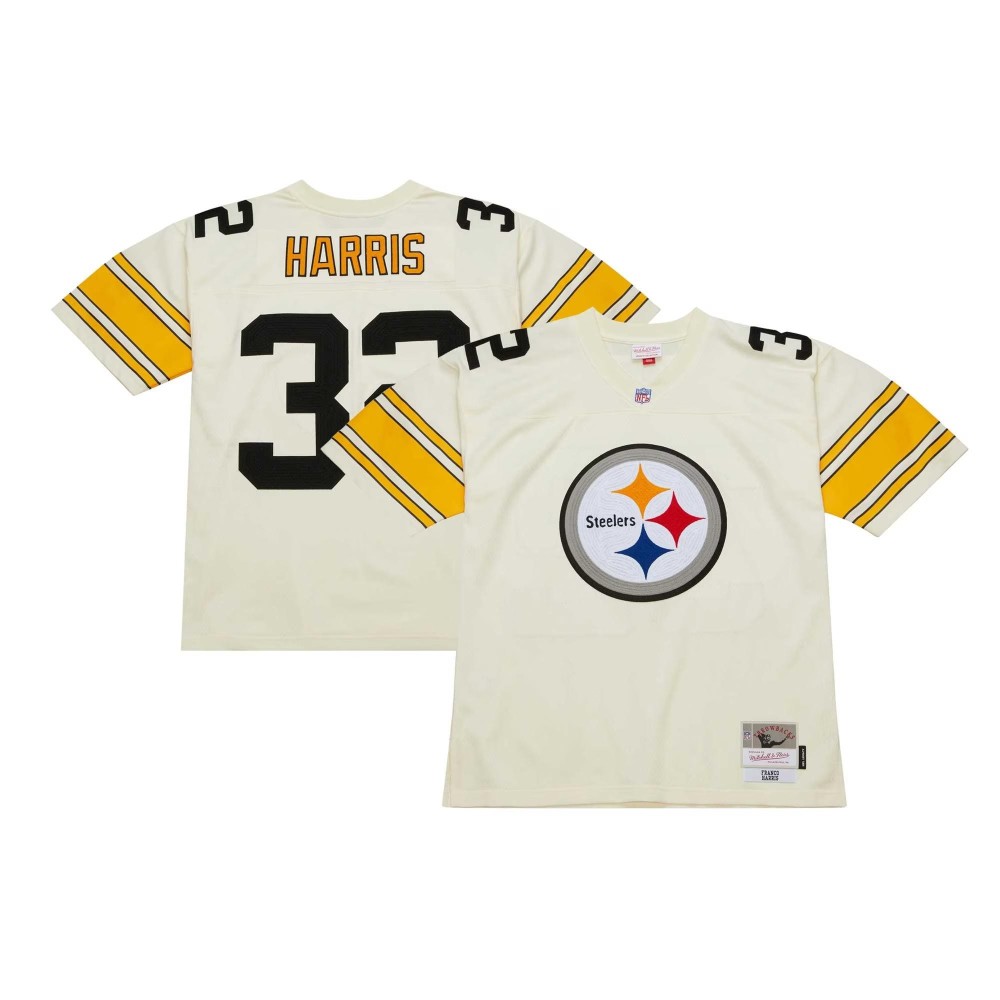 Men's Pittsburgh Steelers Franco Harris Number 32 Mitchell & Ness Cream Chainstitch Legacy Jersey