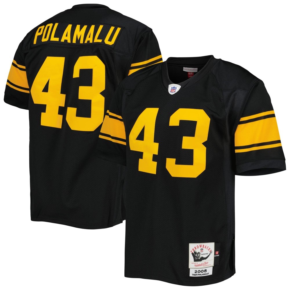 Men's Pittsburgh Steelers 2008 Troy Polamalu Number 43 Mitchell & Ness Black Authentic Throwback Retired Player Jersey