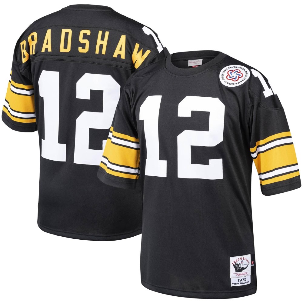 Men's Pittsburgh Steelers Terry Bradshaw Number 12 Mitchell & Ness Black Authentic Throwback Retired Player Jersey