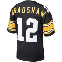 Men's Pittsburgh Steelers Terry Bradshaw Number 12 Mitchell & Ness Black Authentic Throwback Retired Player Jersey