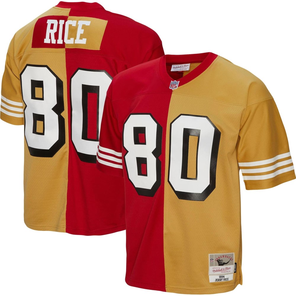 Men's San Francisco 49ers Jerry Rice Number 80 Mitchell & Ness Scarlet/Gold 1994 Split Legacy Replica Jersey