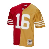 Men's San Francisco 49ers Joe Montana Number 16 Mitchell & Ness Scarlet/Gold 1990 Split Legacy Replica Jersey