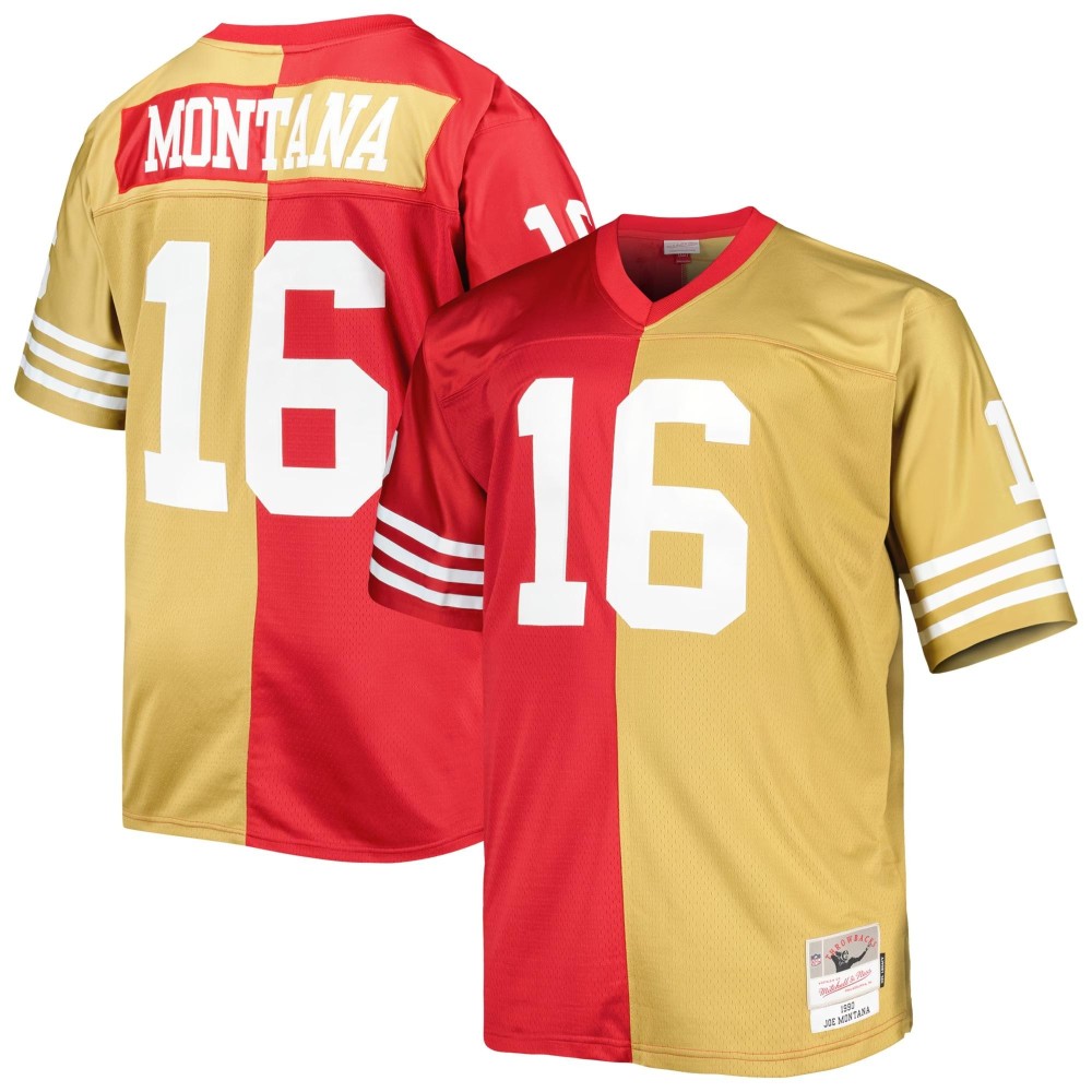 Men's San Francisco 49ers Joe Montana Number 16 Mitchell & Ness Scarlet/Gold Big & Tall Split Retired Player Replica Jersey