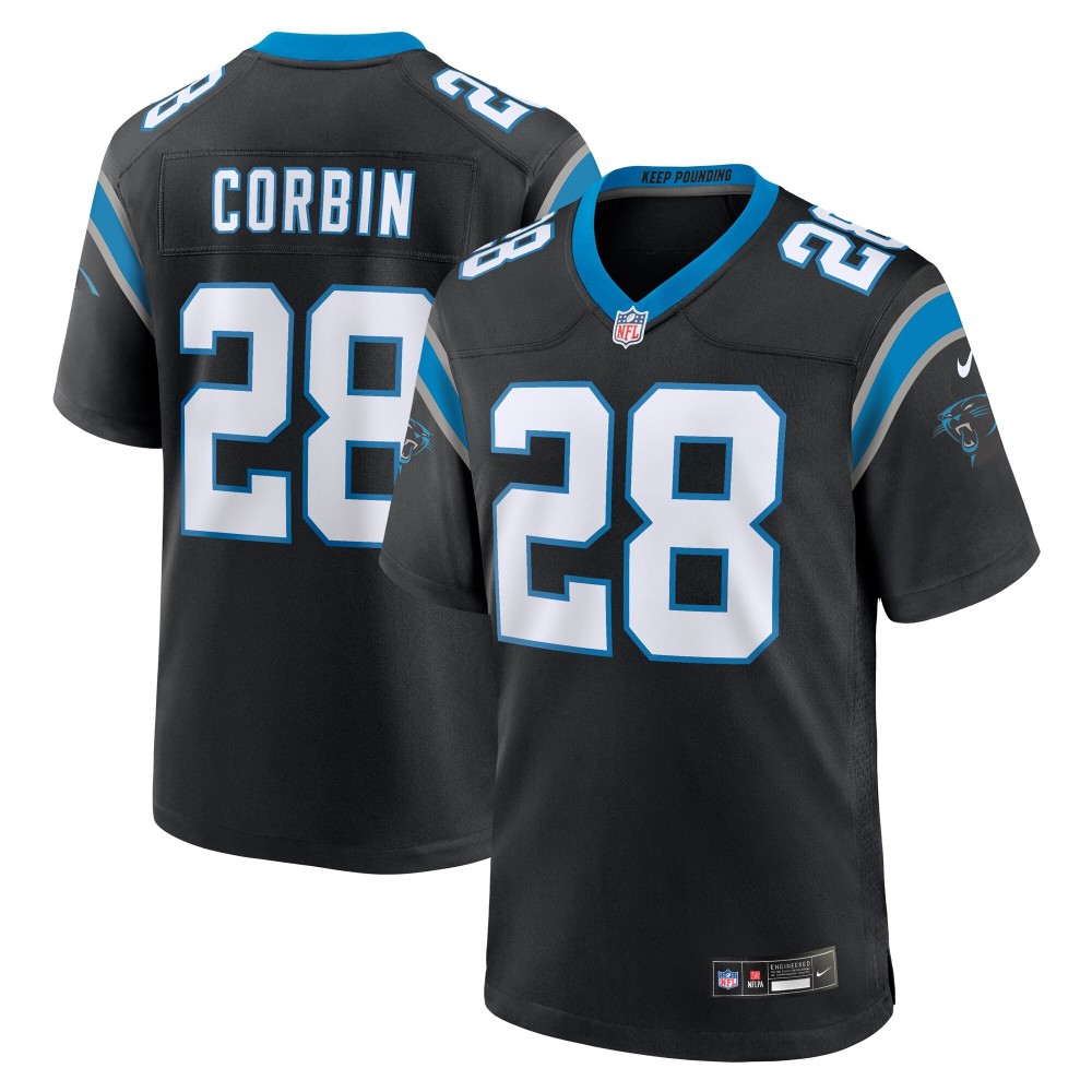 Men's Carolina Panthers Jashaun Corbin Number 28 Nike Black Team Game Jersey