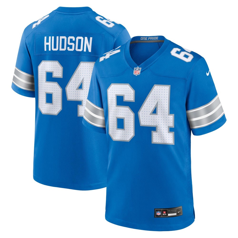 Men's Detroit Lions Bryan Hudson Number 64 Nike Blue Game Jersey