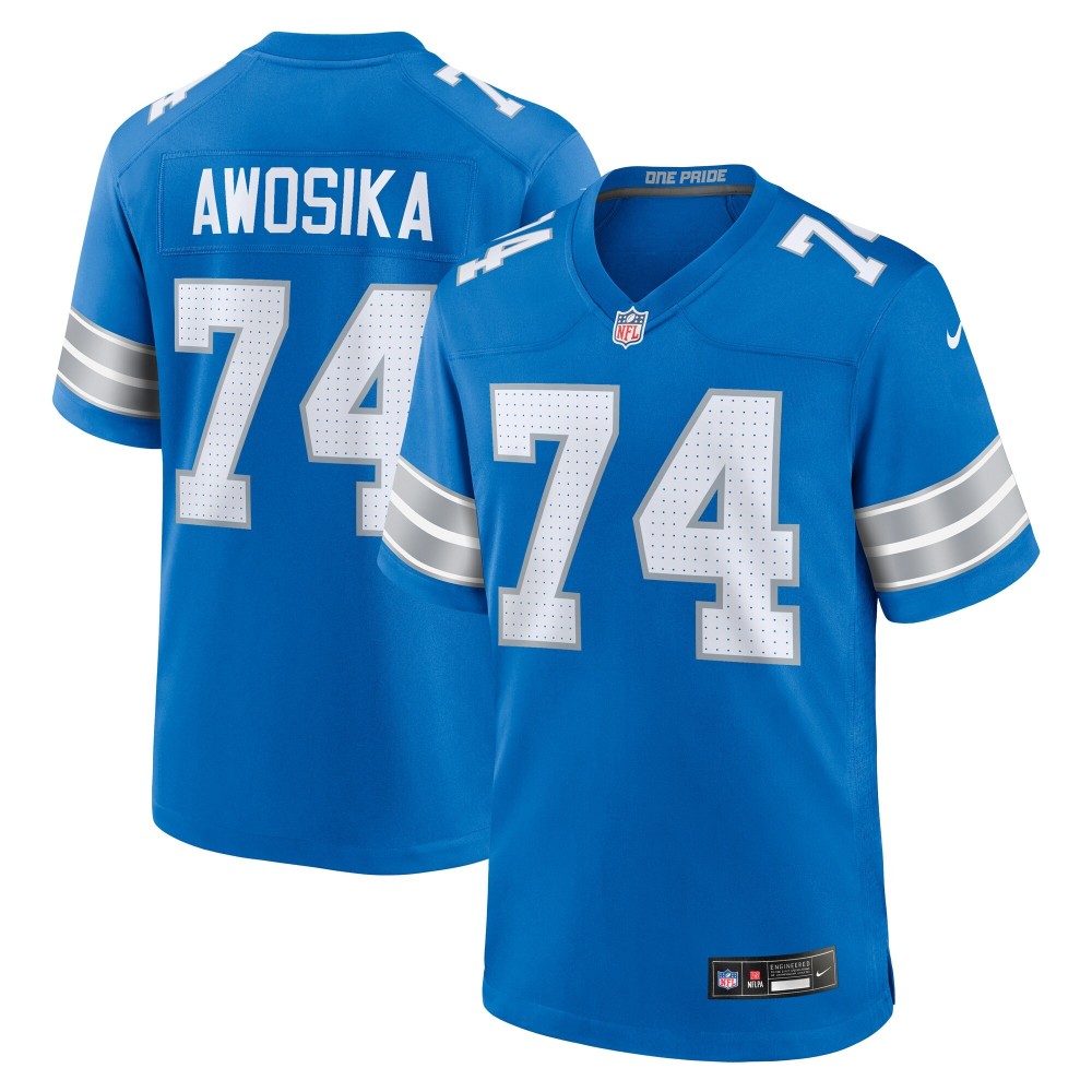 Men's Detroit Lions Kayode Awosika Number 74 Nike Blue Team Game Jersey