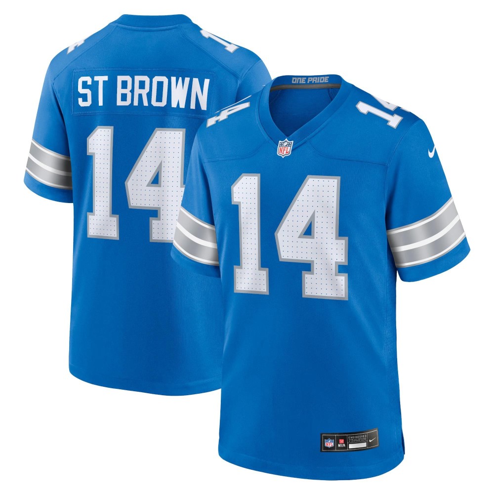 Men's Detroit Lions Amon-Ra St. Brown Number 14 Nike Blue Game Jersey