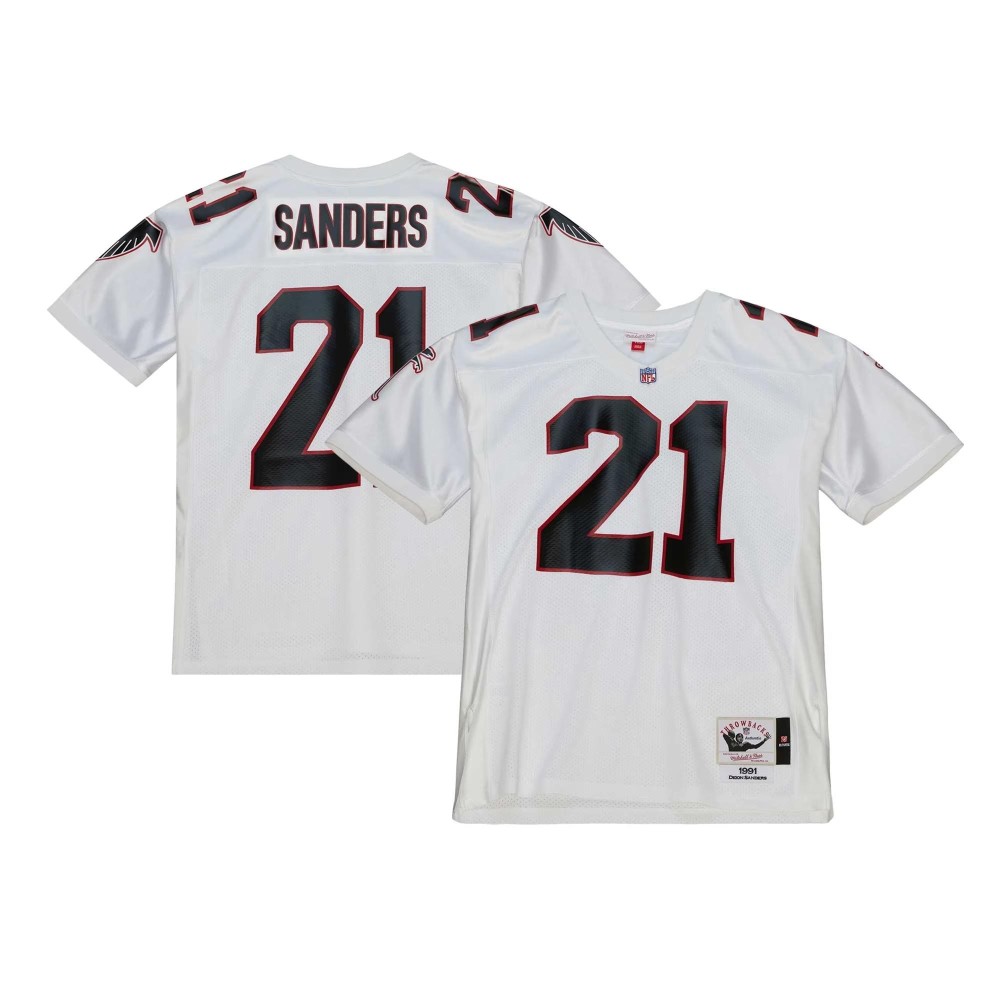 Men's Atlanta Falcons 1991 Deion Sanders Number 21 Mitchell & Ness White Authentic Throwback Retired Player Jersey