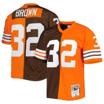 Men's Cleveland Browns Jim Brown Number 32 Mitchell & Ness Orange/Brown 1963 Split Legacy Replica Jersey