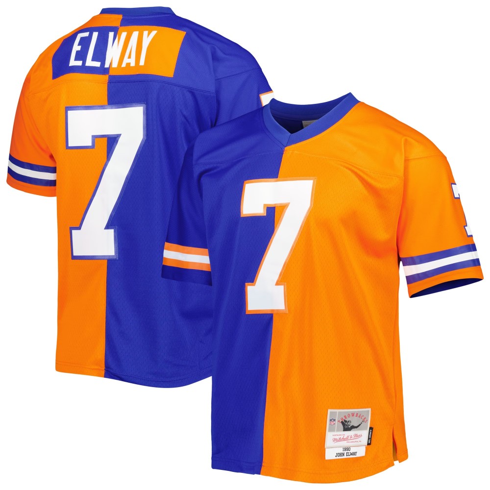 Men's Denver Broncos John Elway Number 7 Mitchell & Ness Royal/Orange 1990 Split Legacy Replica Jersey