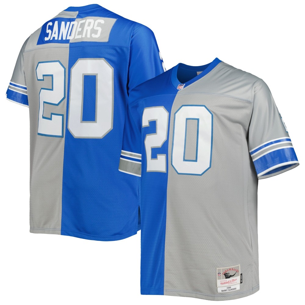 Men's Detroit Lions Barry Sanders Number 20 Mitchell & Ness Blue/Silver Big & Tall Split Legacy Retired Player Replica Jersey