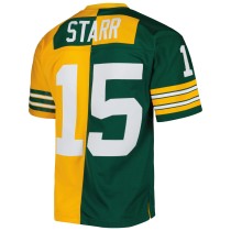 Men's Green Bay Packers Bart Starr Number 15 Mitchell & Ness Green/Gold 1969 Split Legacy Replica Jersey