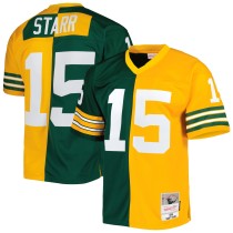 Men's Green Bay Packers Bart Starr Number 15 Mitchell & Ness Green/Gold 1969 Split Legacy Replica Jersey