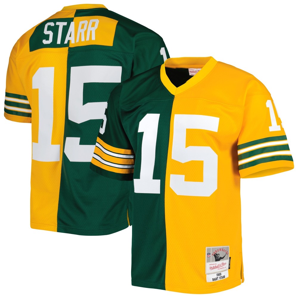 Men's Green Bay Packers Bart Starr Number 15 Mitchell & Ness Green/Gold 1969 Split Legacy Replica Jersey