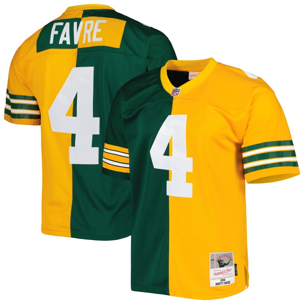 Men's Green Bay Packers Brett Favre Number 4 Mitchell & Ness Green/Gold 1996 Split Legacy Replica Jersey